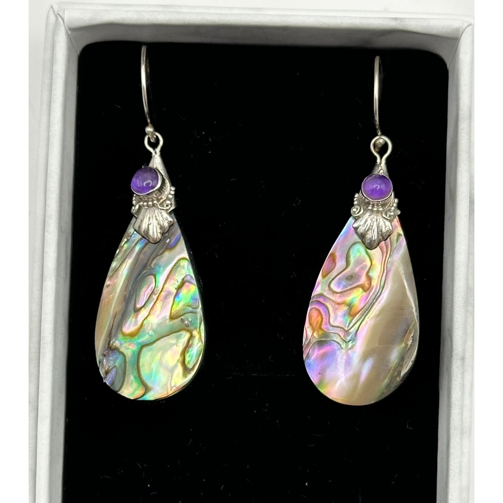 Abalone Shell & Amethyst‎ Sterling Silver Handmade Dangle Earrings
